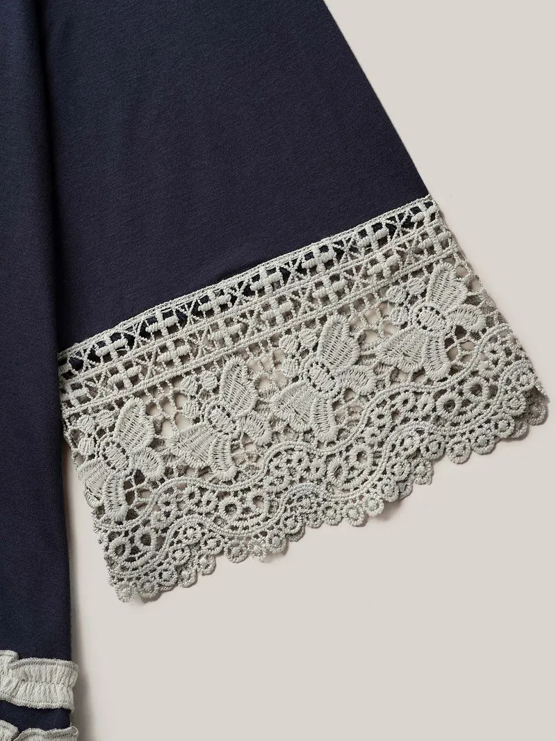 Lace Panel Color Contrast Tunic T-Shirt