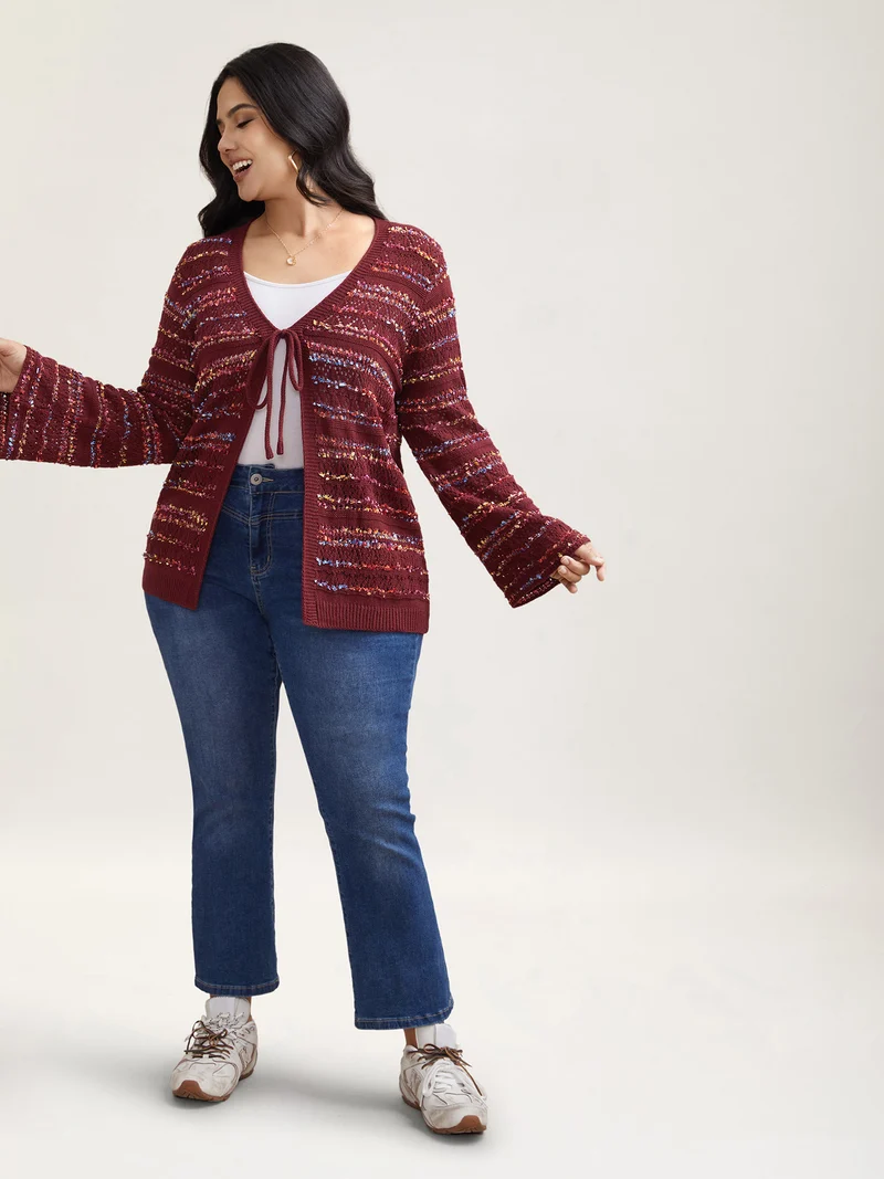 Striped Front-Tie Cut-Out Cardigan