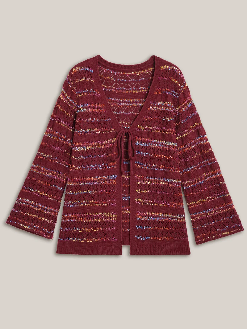 Striped Front-Tie Cut-Out Cardigan