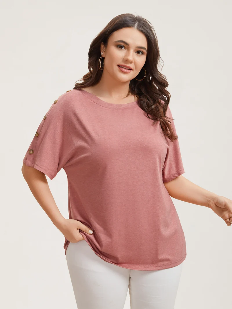 Decorative Buttons Half-Sleeve Plain T-Shirt
