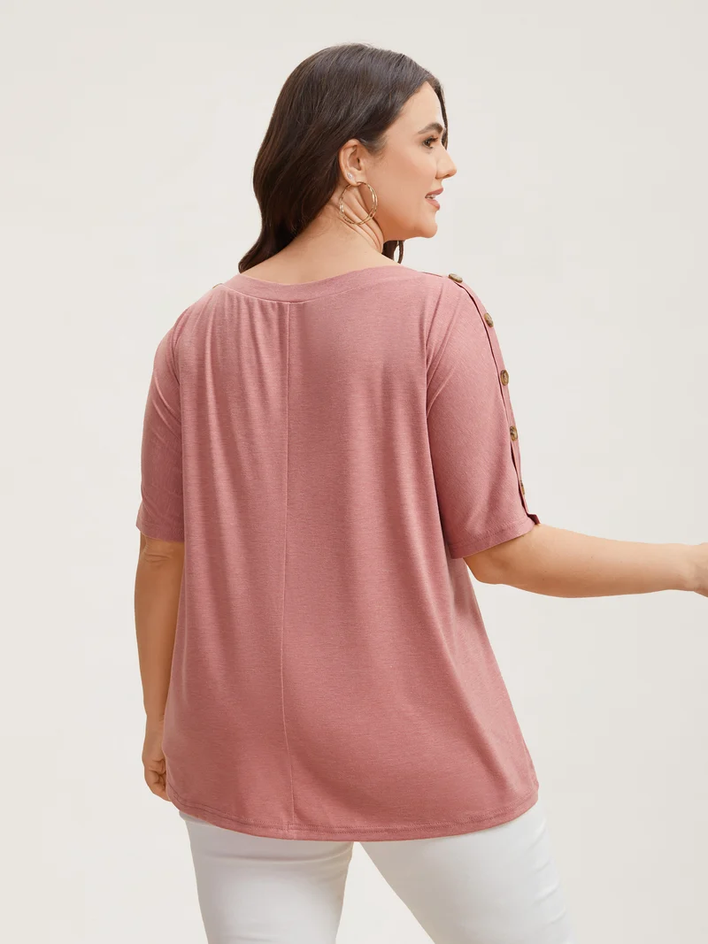 Decorative Buttons Half-Sleeve Plain T-Shirt