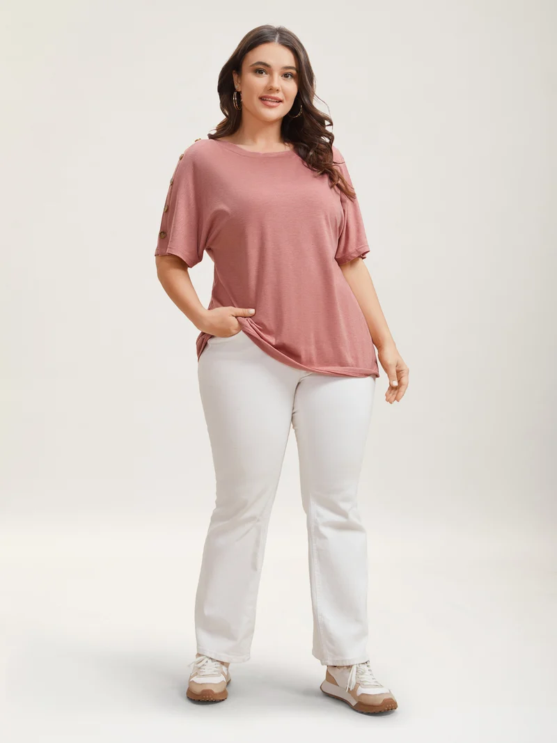Decorative Buttons Half-Sleeve Plain T-Shirt