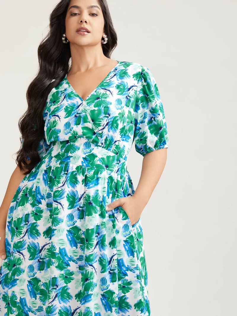 Brush Stroke Floral Surplice Neck Midi Dress
