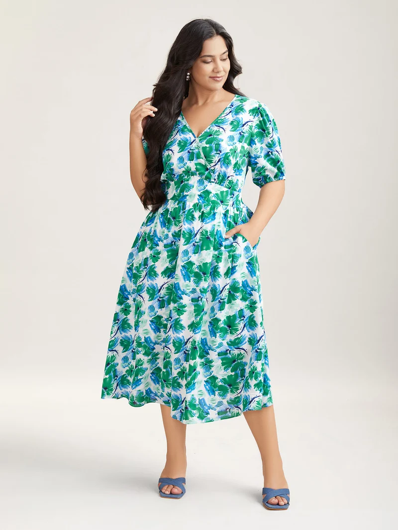 Brush Stroke Floral Surplice Neck Midi Dress