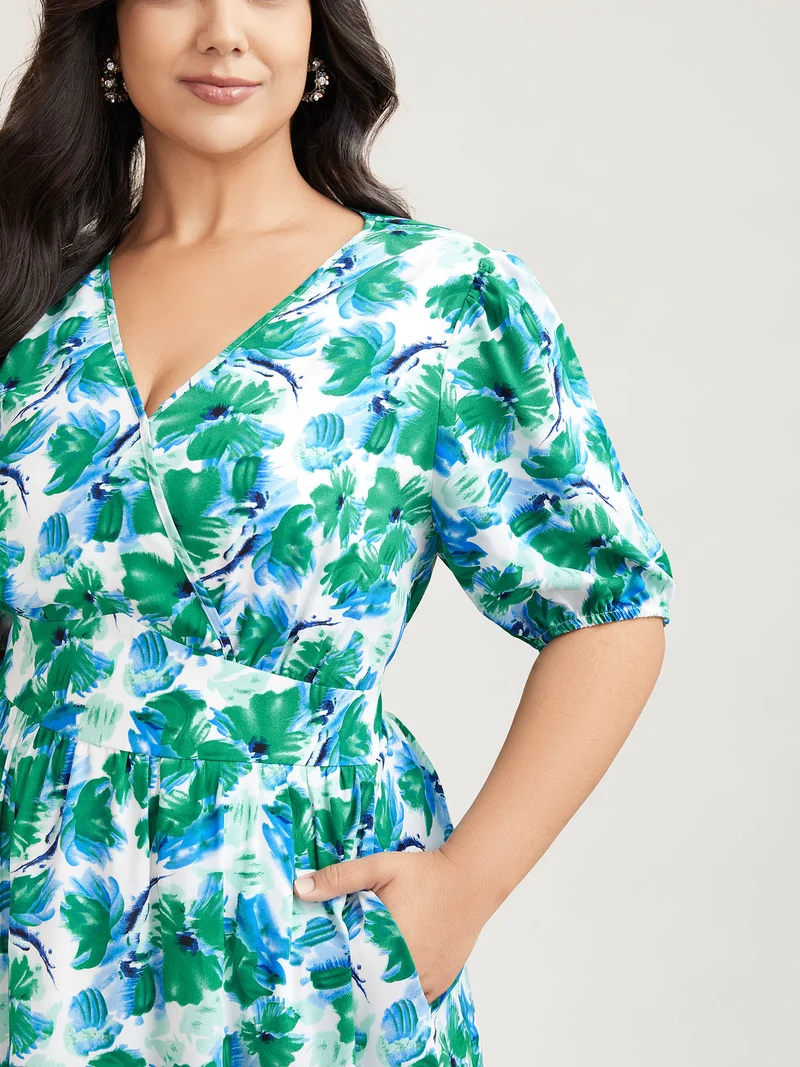 Brush Stroke Floral Surplice Neck Midi Dress