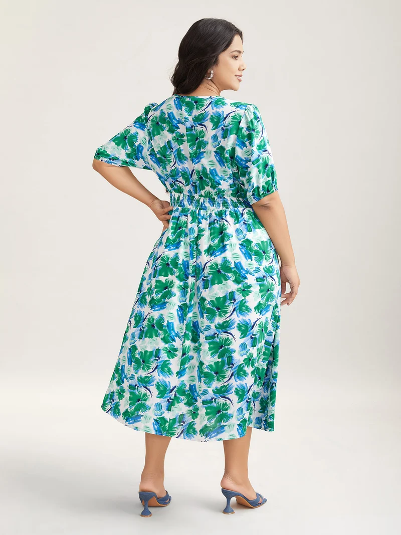 Brush Stroke Floral Surplice Neck Midi Dress