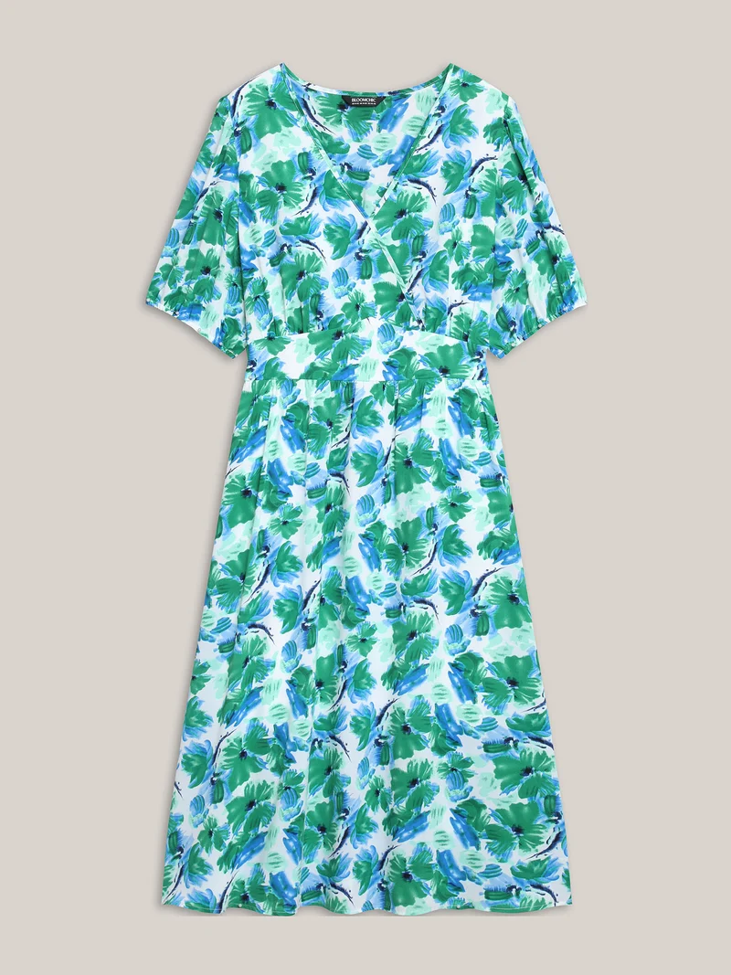 Brush Stroke Floral Surplice Neck Midi Dress