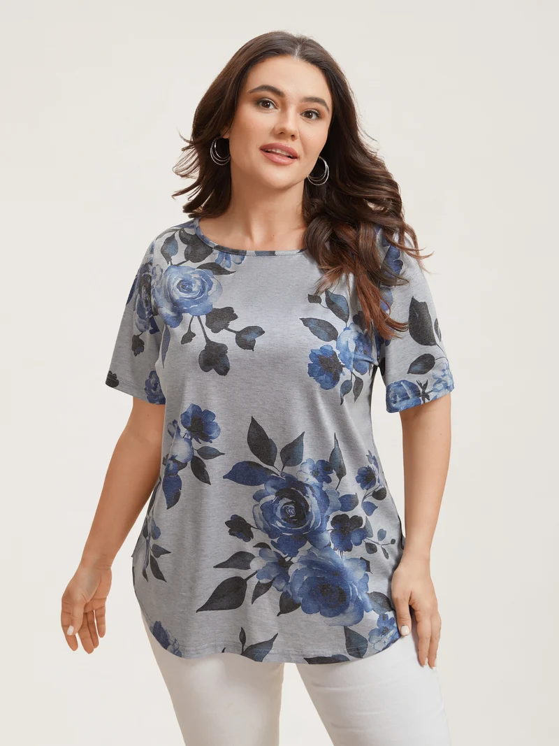 Floral Print Round Neck Fitted T-Shirt
