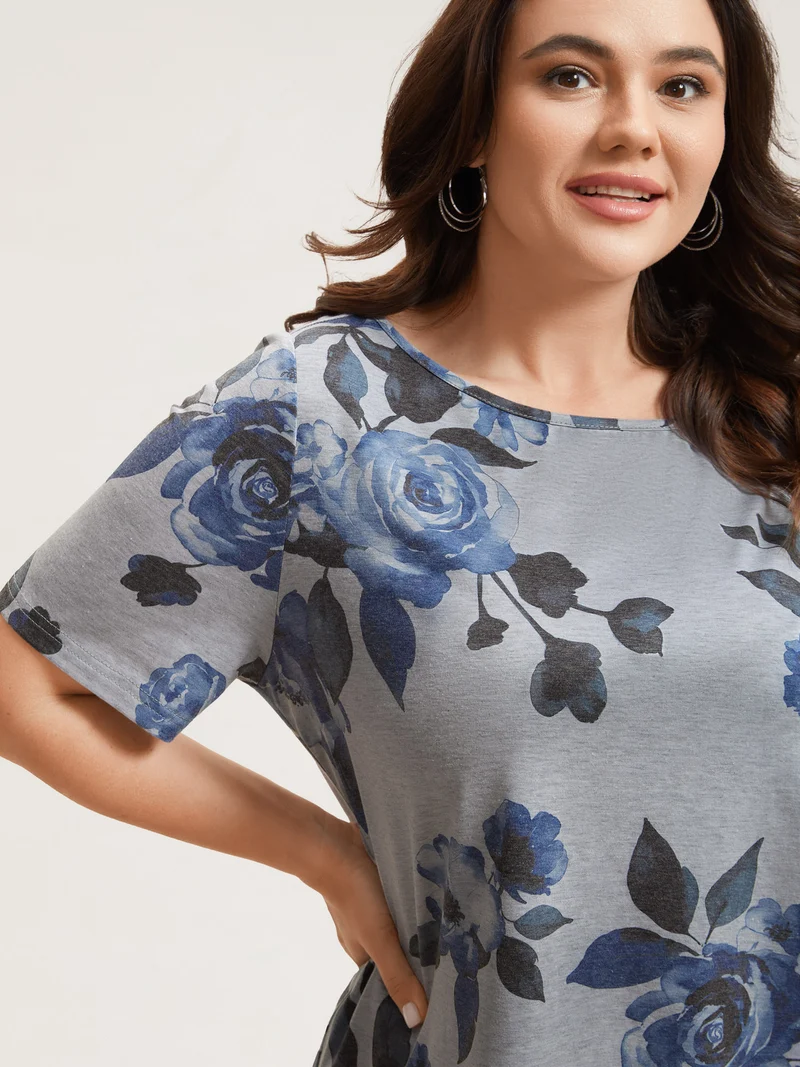 Floral Print Round Neck Fitted T-Shirt