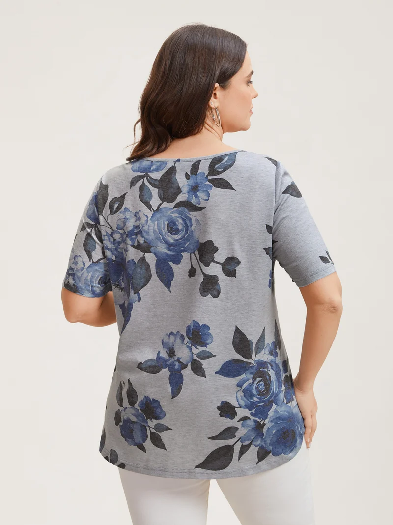Floral Print Round Neck Fitted T-Shirt