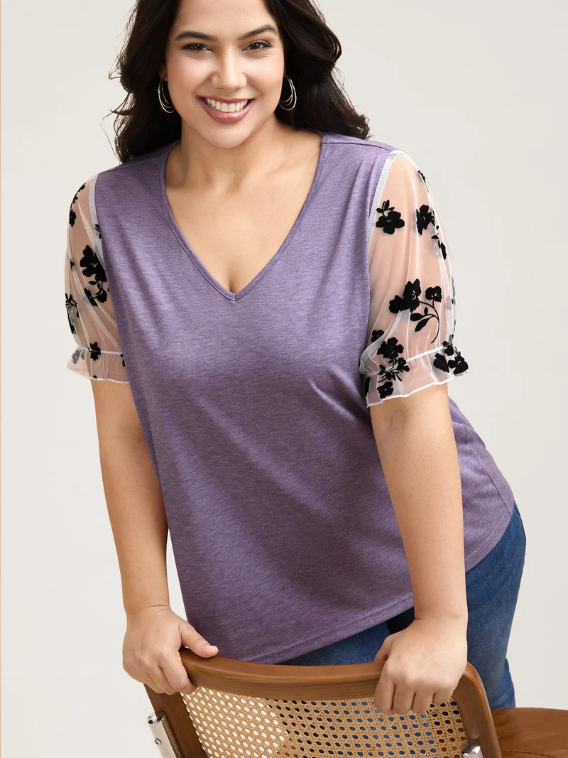 Mixed Material Sheer Sleeve T-Shirt