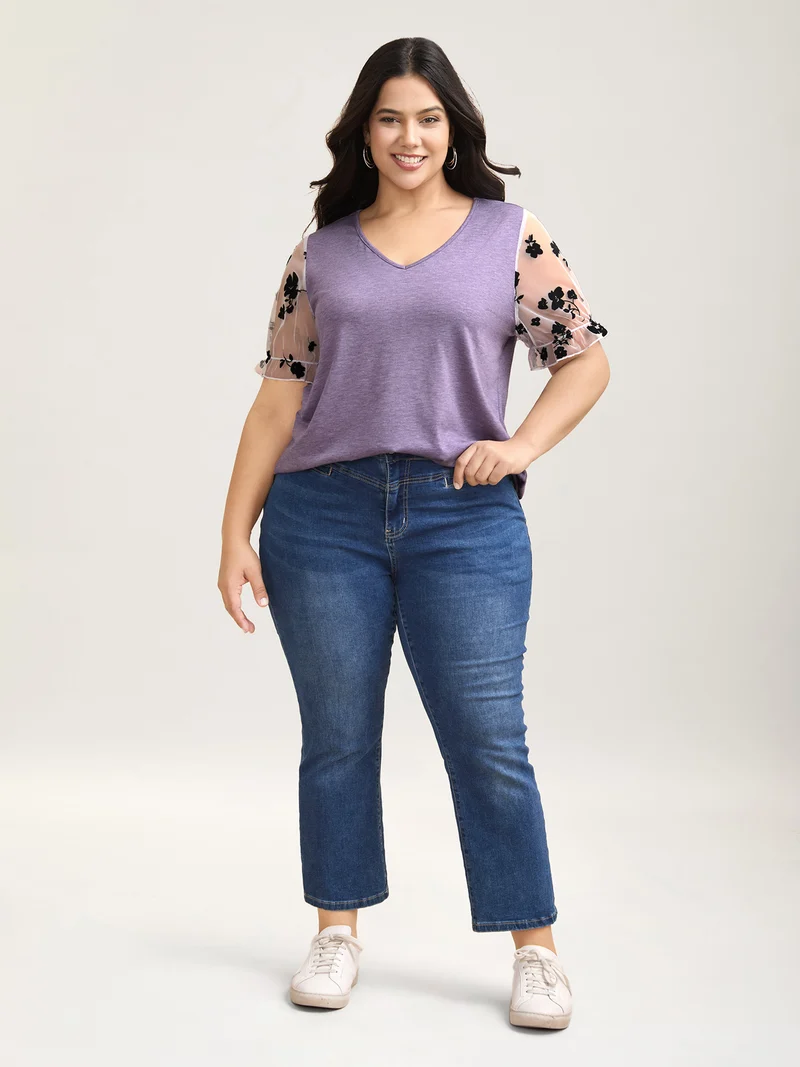 Mixed Material Sheer Sleeve T-Shirt
