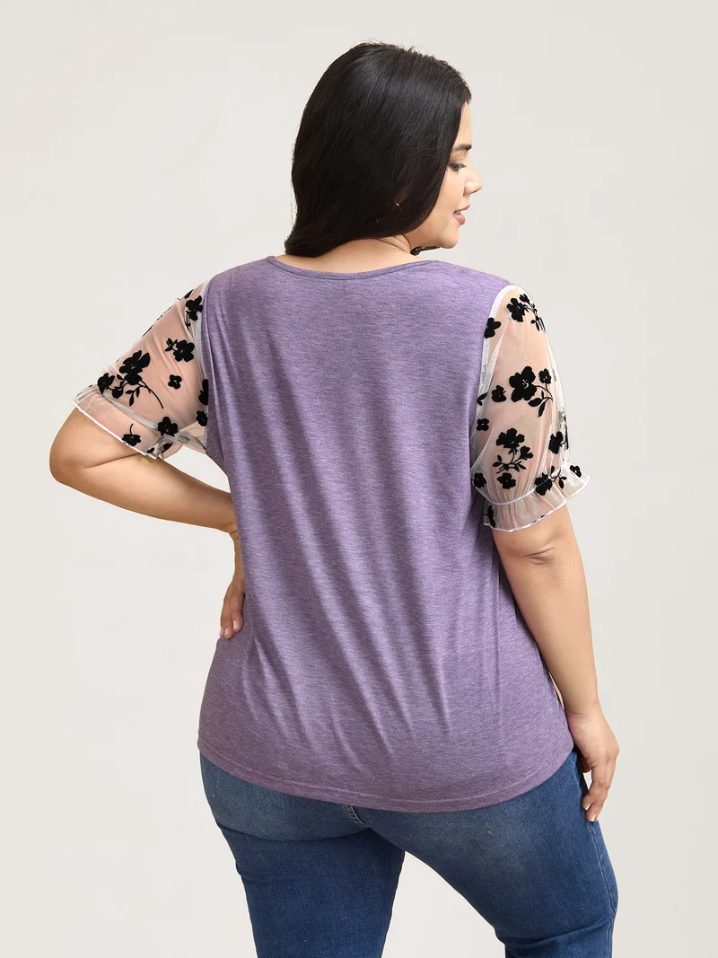 Mixed Material Sheer Sleeve T-Shirt
