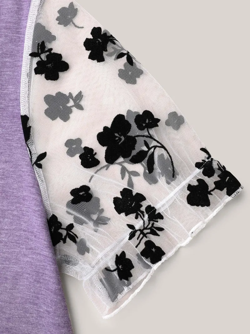 Mixed Material Sheer Sleeve T-Shirt