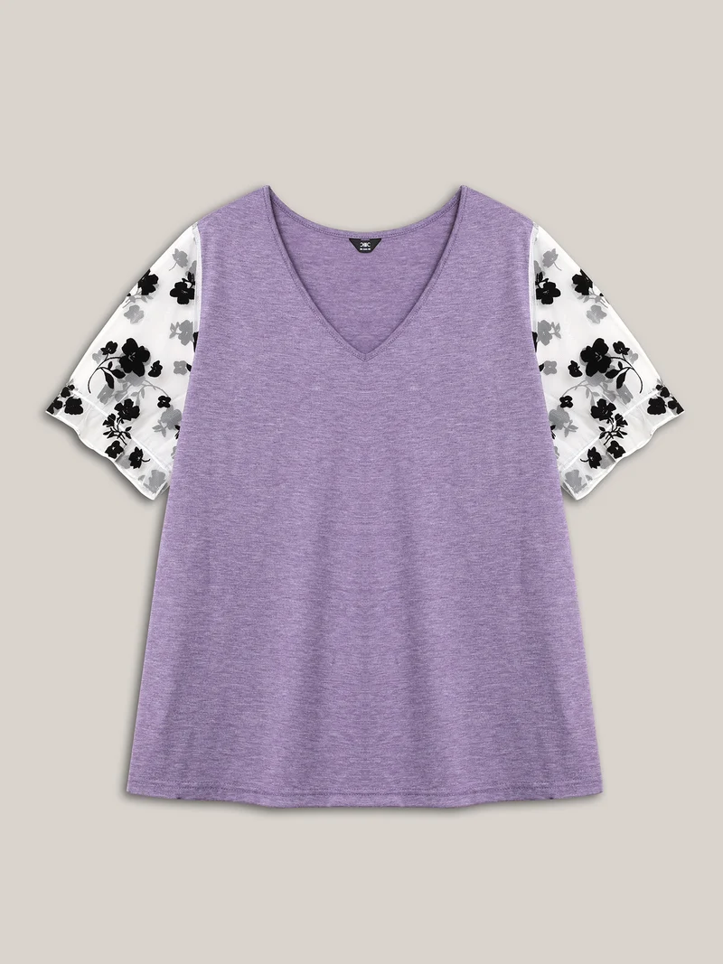Mixed Material Sheer Sleeve T-Shirt