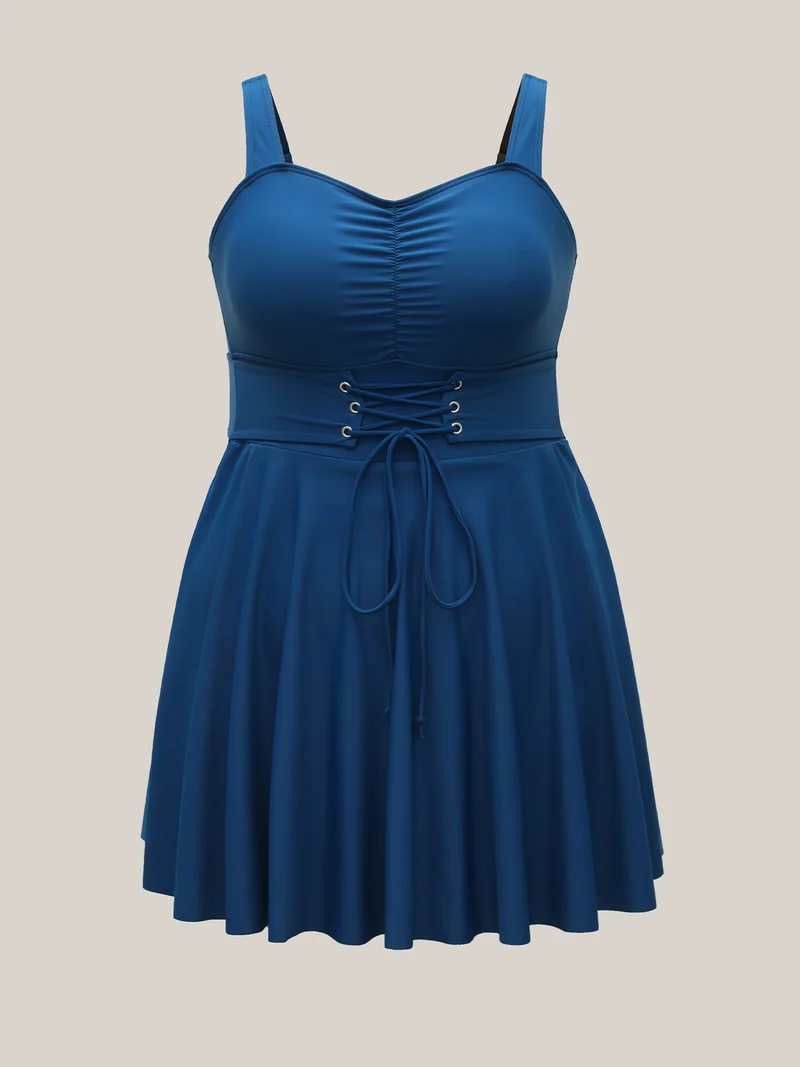 Waist-Tie Ruched Flared Swim Dress