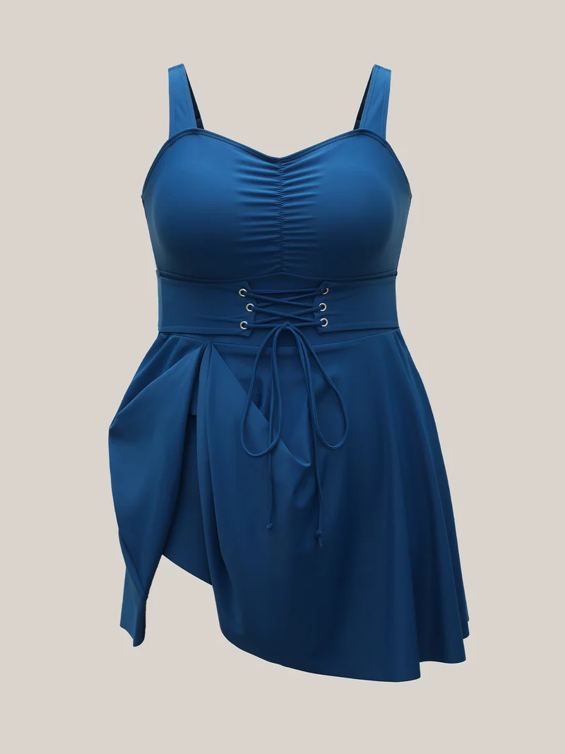 Waist-Tie Ruched Flared Swim Dress