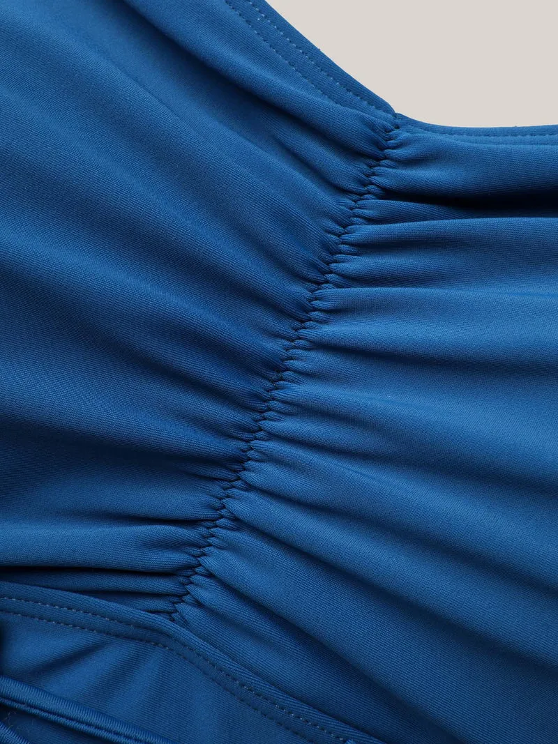 Waist-Tie Ruched Flared Swim Dress