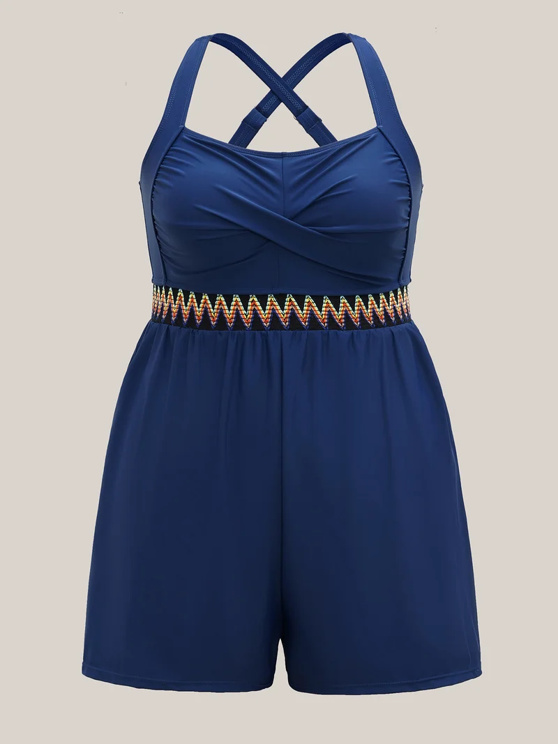Twist-Front Contrast Webbed One-Piece Swimsuit