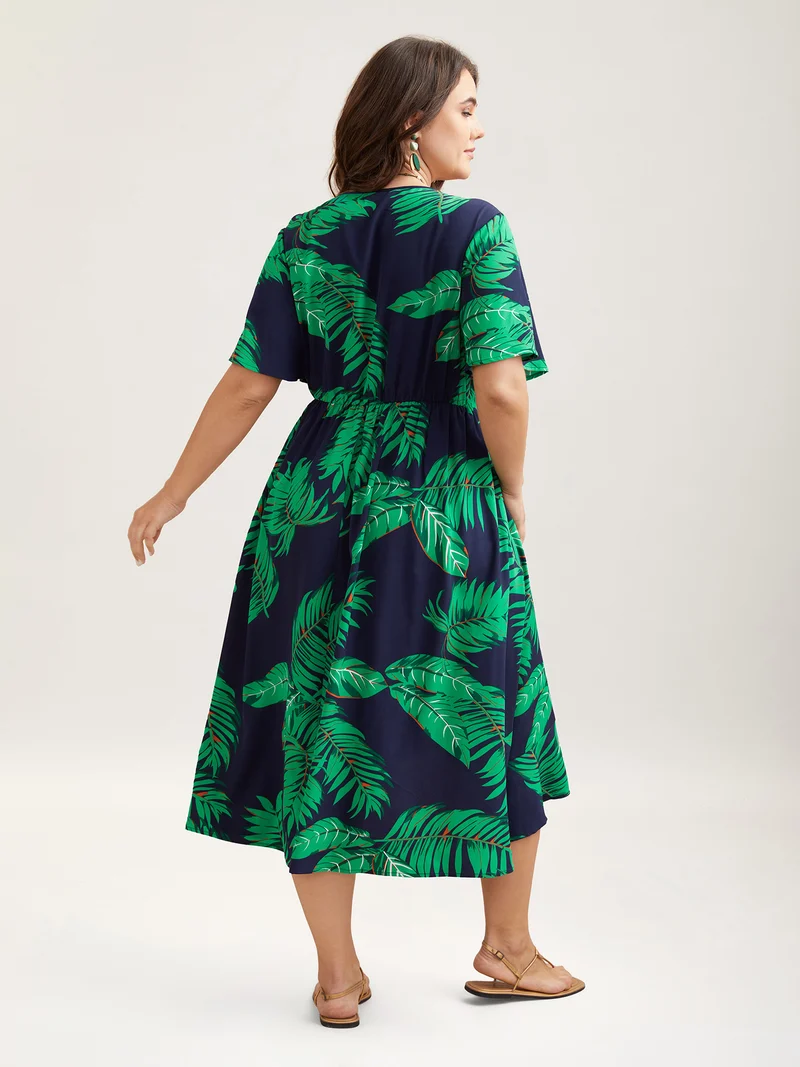 Tropical Leaf Print Surplice Neck Midi Dress