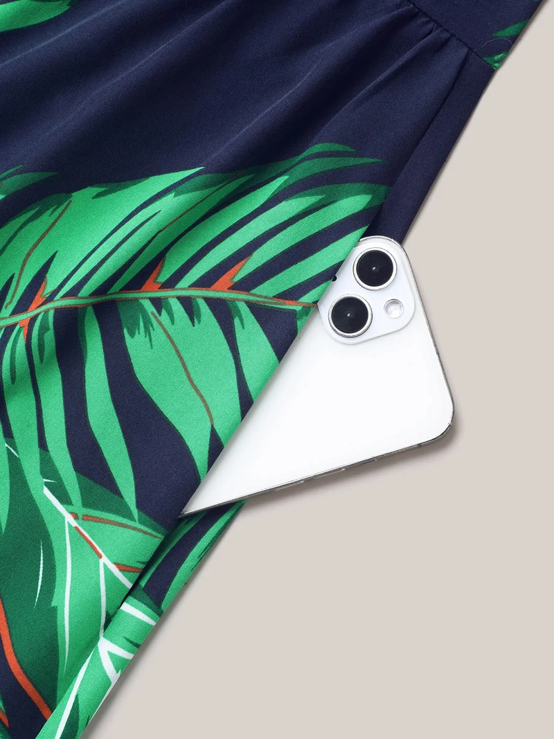 Tropical Leaf Print Surplice Neck Midi Dress