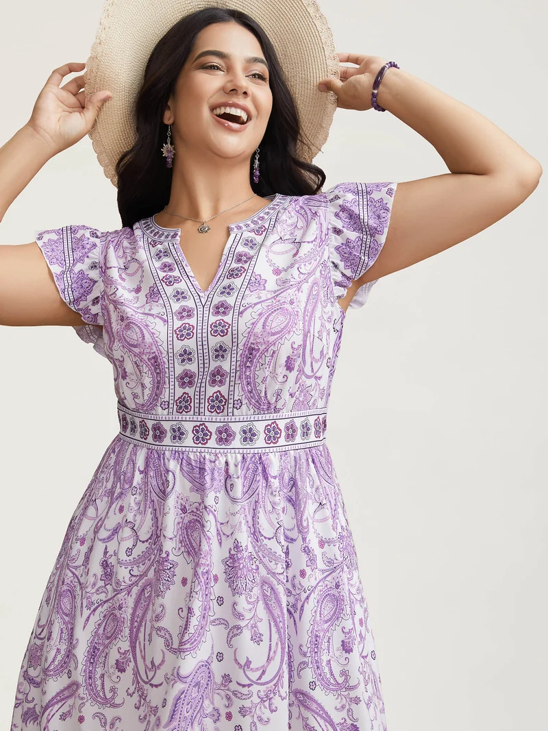 Paisley Print Notched Collar Ruffled Midi Dress
