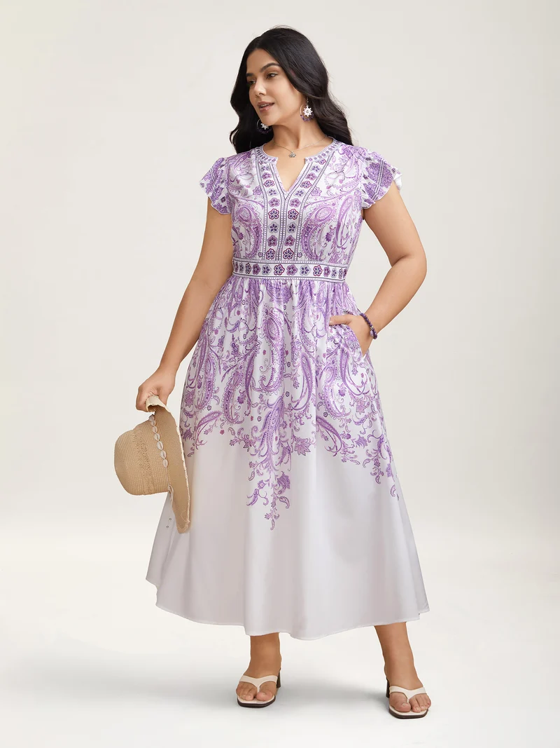 Paisley Print Notched Collar Ruffled Midi Dress