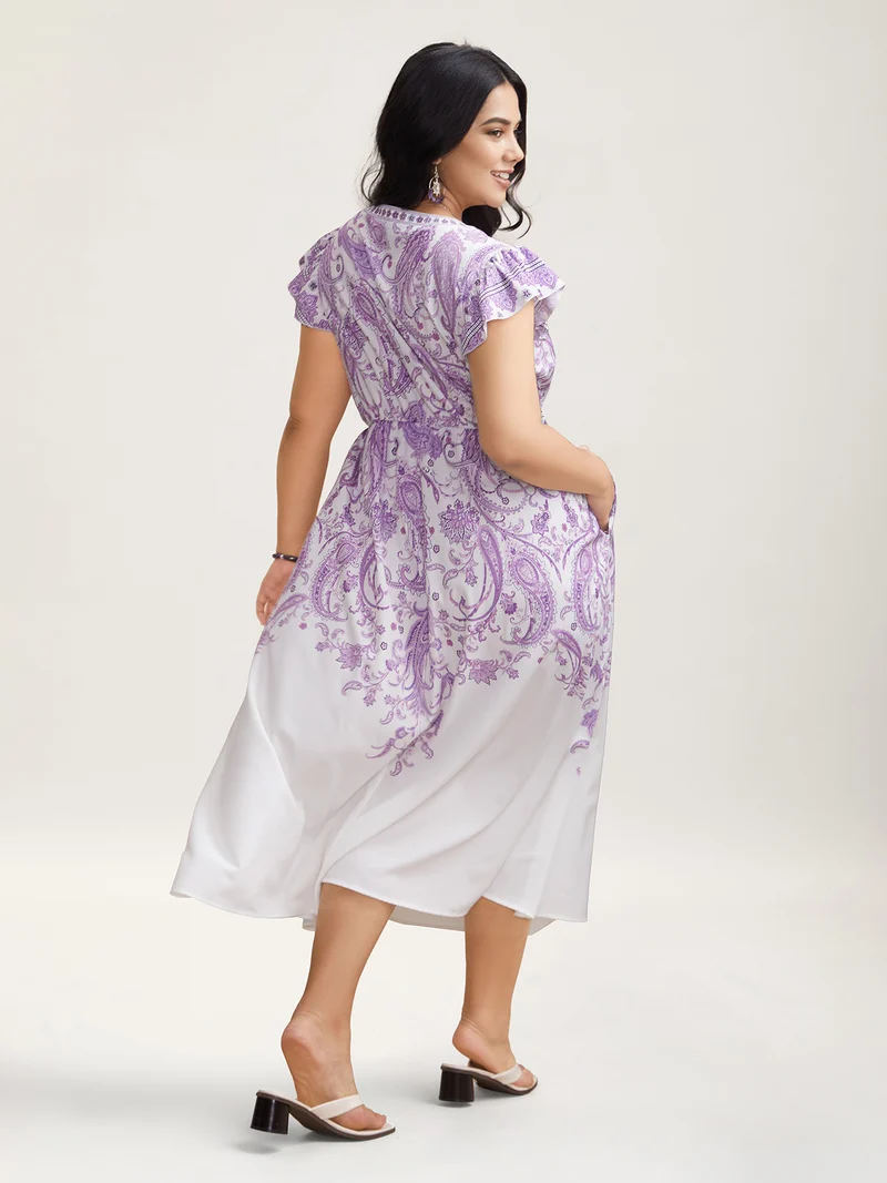 Paisley Print Notched Collar Ruffled Midi Dress