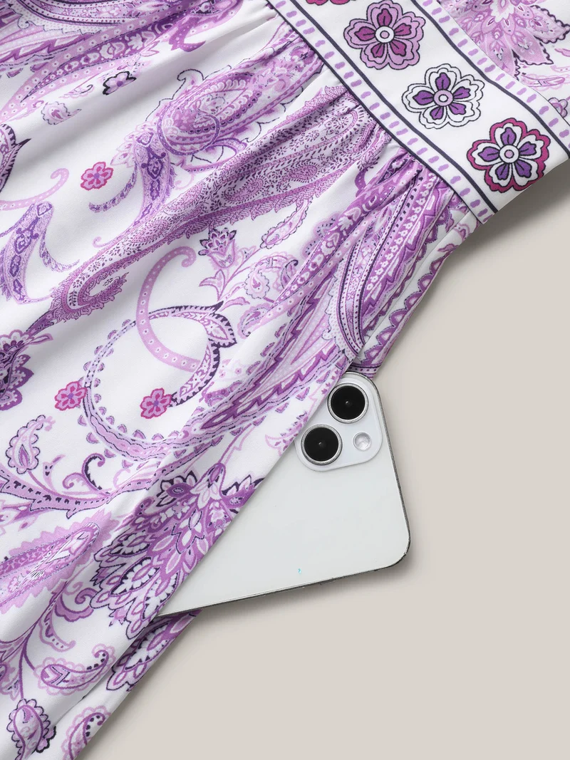 Paisley Print Notched Collar Ruffled Midi Dress