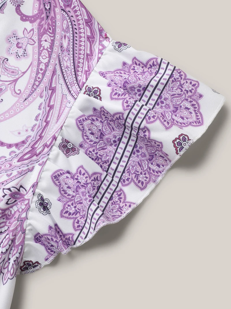 Paisley Print Notched Collar Ruffled Midi Dress