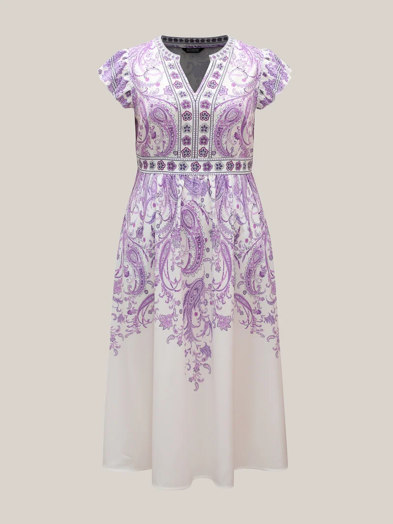 Paisley Print Notched Collar Ruffled Midi Dress