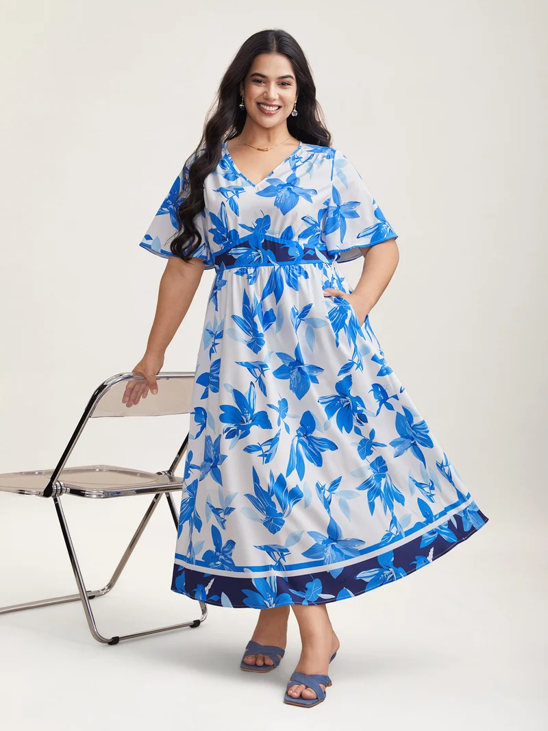 Positioned Floral Waist-Cinched Midi Dress