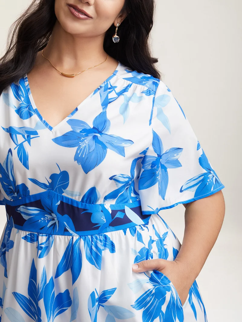 Positioned Floral Waist-Cinched Midi Dress