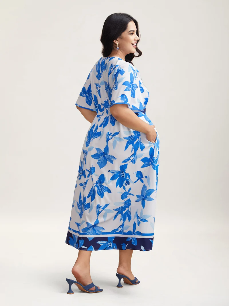 Positioned Floral Waist-Cinched Midi Dress