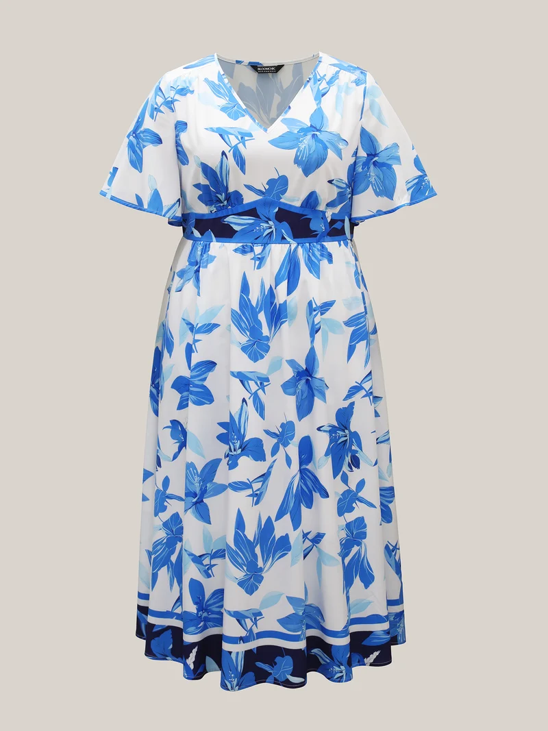 Positioned Floral Waist-Cinched Midi Dress