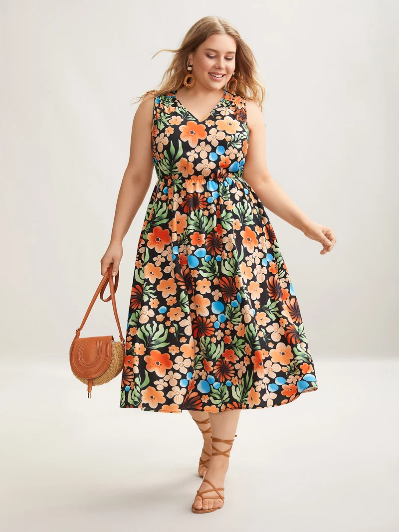 Multi-Color Floral Print Sleeveless Midi Dress