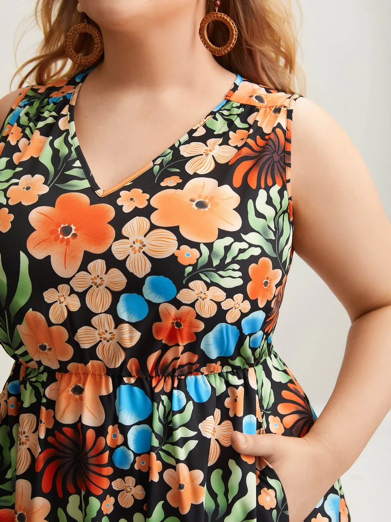 Multi-Color Floral Print Sleeveless Midi Dress