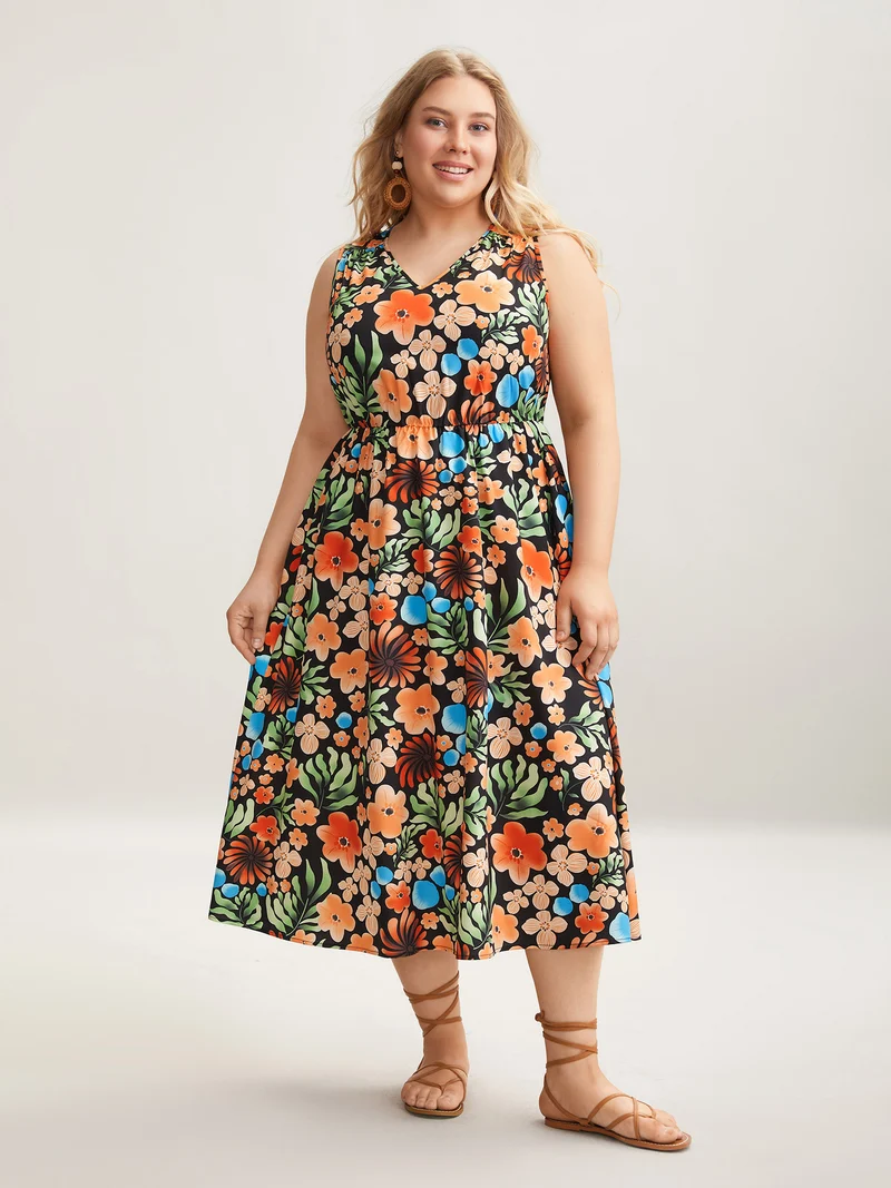 Multi-Color Floral Print Sleeveless Midi Dress