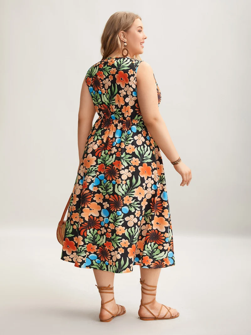 Multi-Color Floral Print Sleeveless Midi Dress