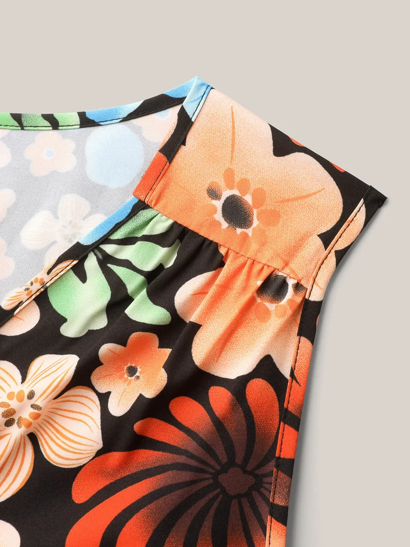 Multi-Color Floral Print Sleeveless Midi Dress