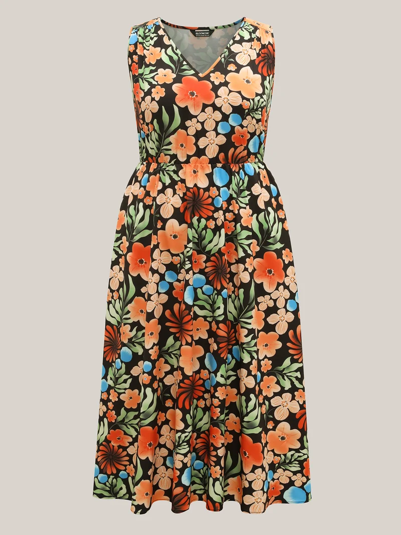 Multi-Color Floral Print Sleeveless Midi Dress