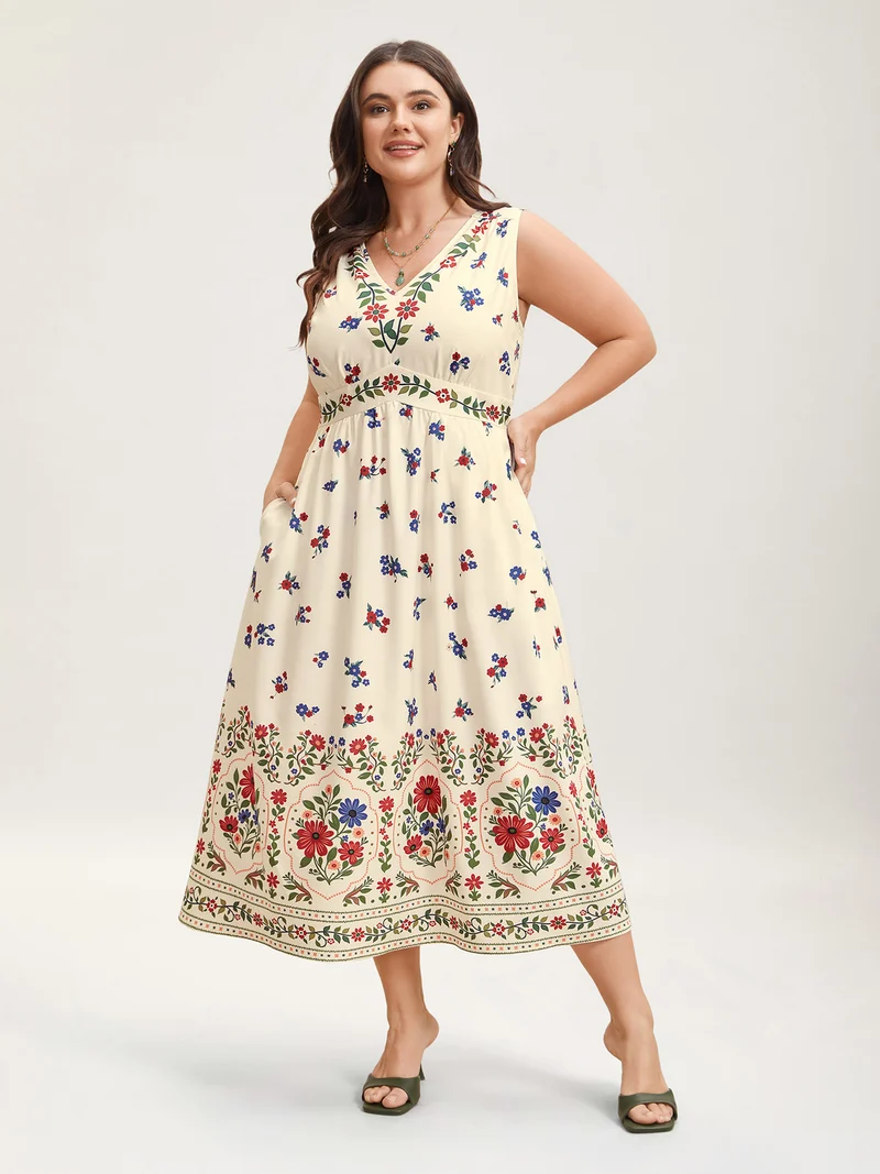 Floral Print V-Neck Waist-Cinched Dress