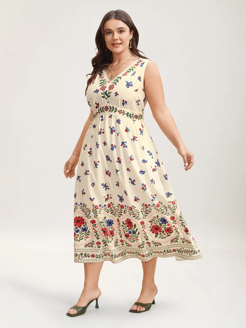 Floral Print V-Neck Waist-Cinched Dress