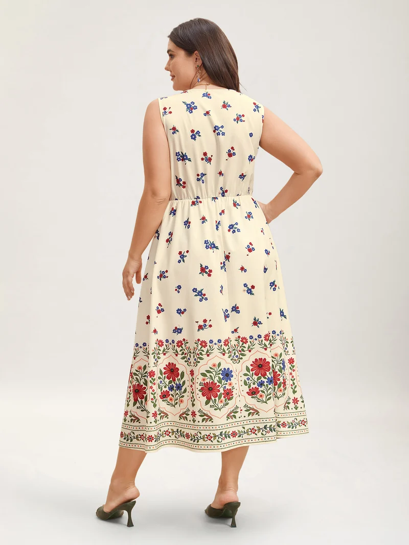 Floral Print V-Neck Waist-Cinched Dress