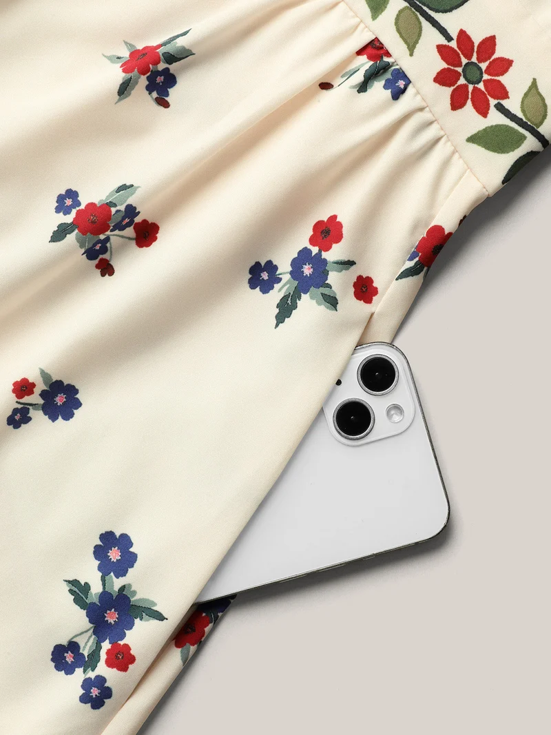 Floral Print V-Neck Waist-Cinched Dress