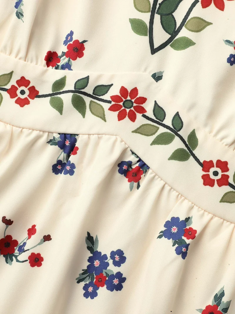 Floral Print V-Neck Waist-Cinched Dress