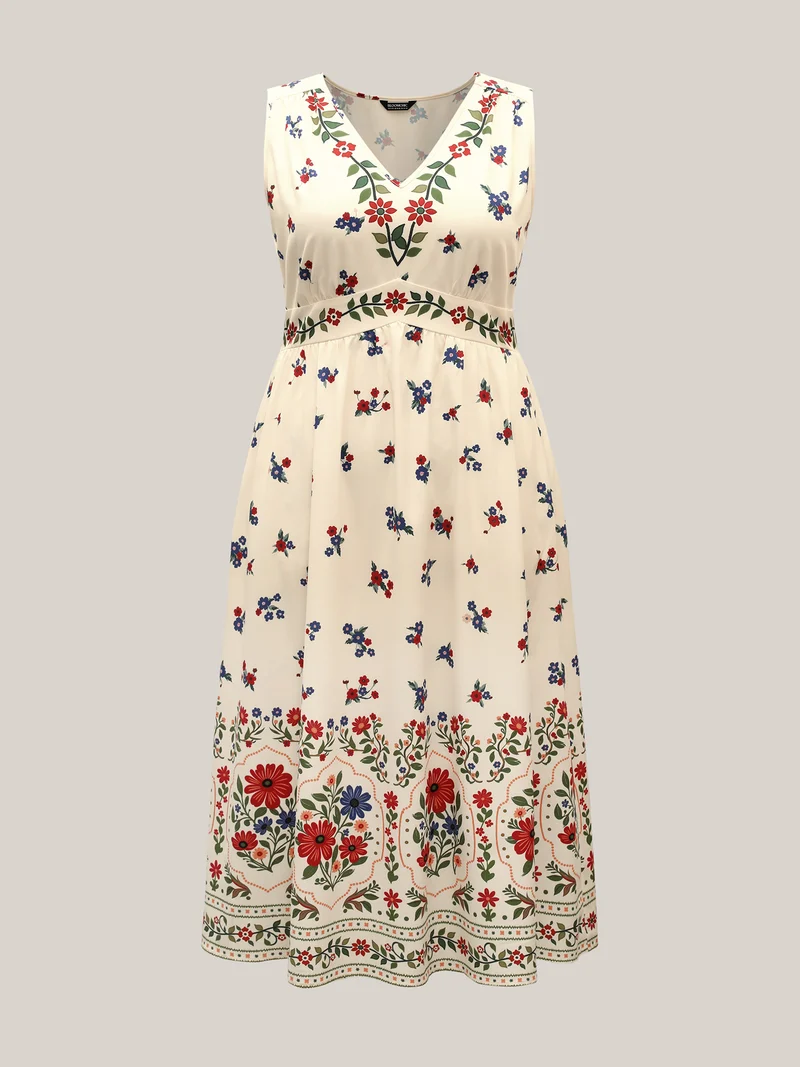 Floral Print V-Neck Waist-Cinched Dress