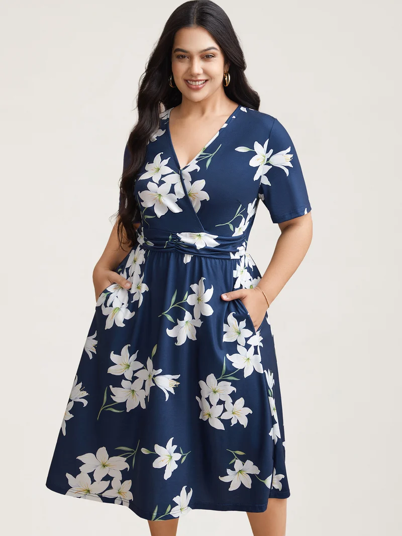Floral Surplice Neck Pleated Midi Dress