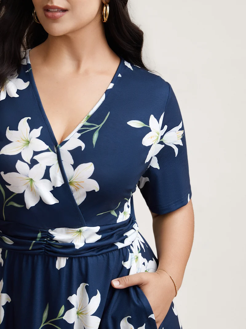 Floral Surplice Neck Pleated Midi Dress