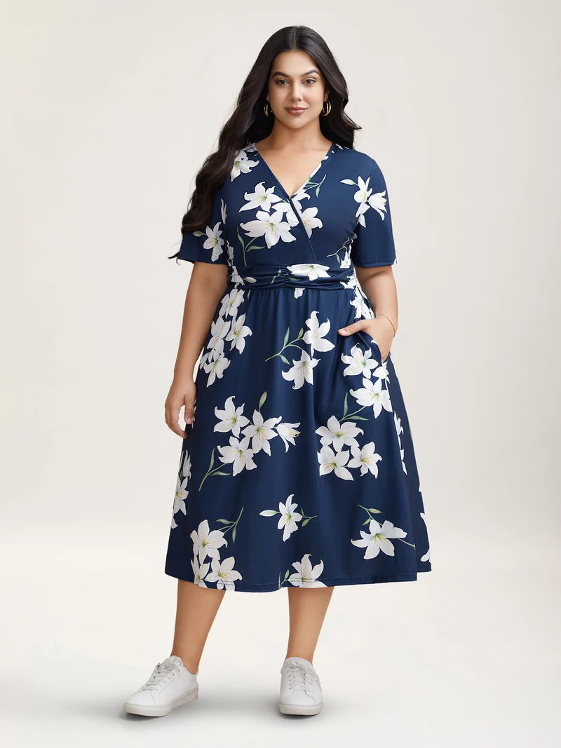 Floral Surplice Neck Pleated Midi Dress